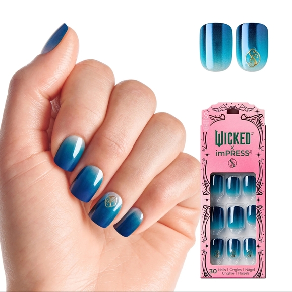 WICKED X imPRESS Press on Nails, Welcome To Shiz, Blue, Short Squoval, 30 Count - Picture 1 of 2